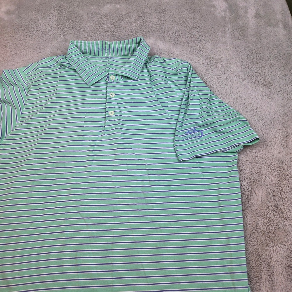 B. Draddy Polo Mens L US Open Pima Cotton Blend Striped Short Sleeve Green Blue